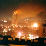 CK_building_on_fire_1999 CK building (Ušće tower) on fire during the 1999 NATO bombing of Yugoslavia (picture Tadija)
