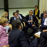President Barack Obama briefs European leaders following a multilateral meeting at the United Nations Climate Change Conference (picture White House (Pete Souza))