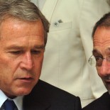 George W Bush, President of the United States, and Javier Solana, EU High Representative for the Common Foreign and Security Policy